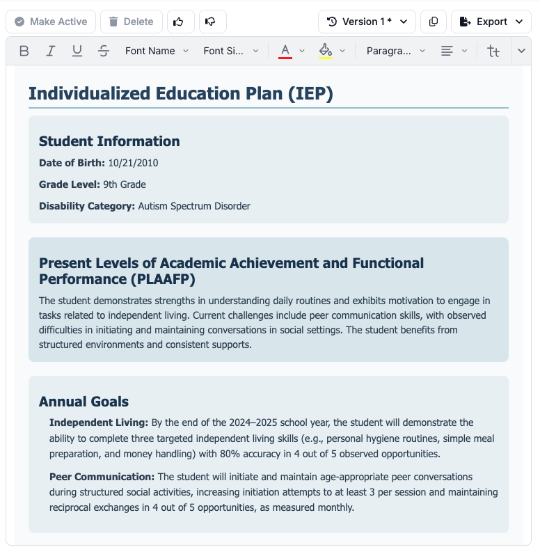 IEP Builder Example Output